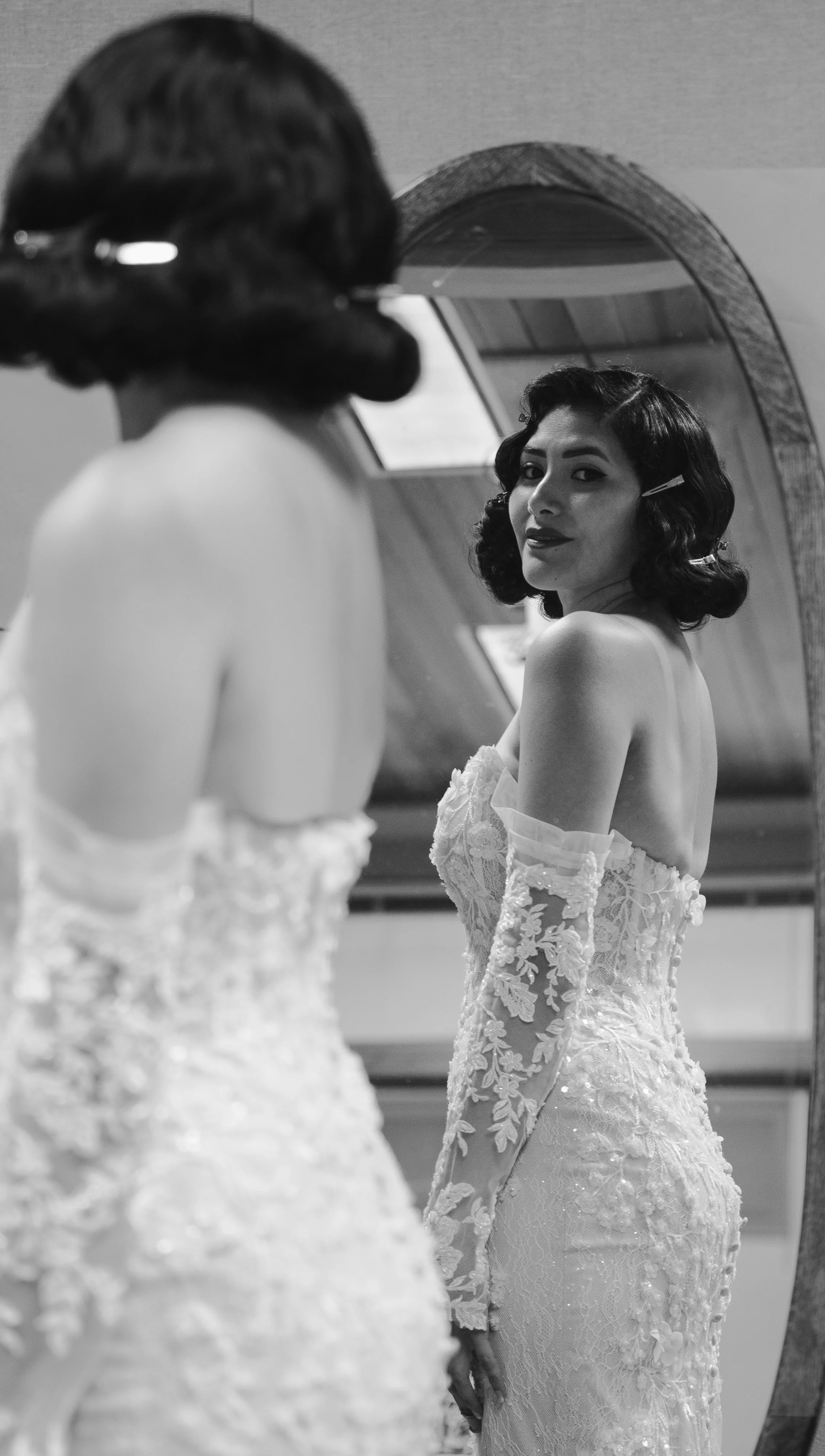 Black and white editorial bridal portrait with vintage styling at a High Desert Museum wedding near Bend, Oregon