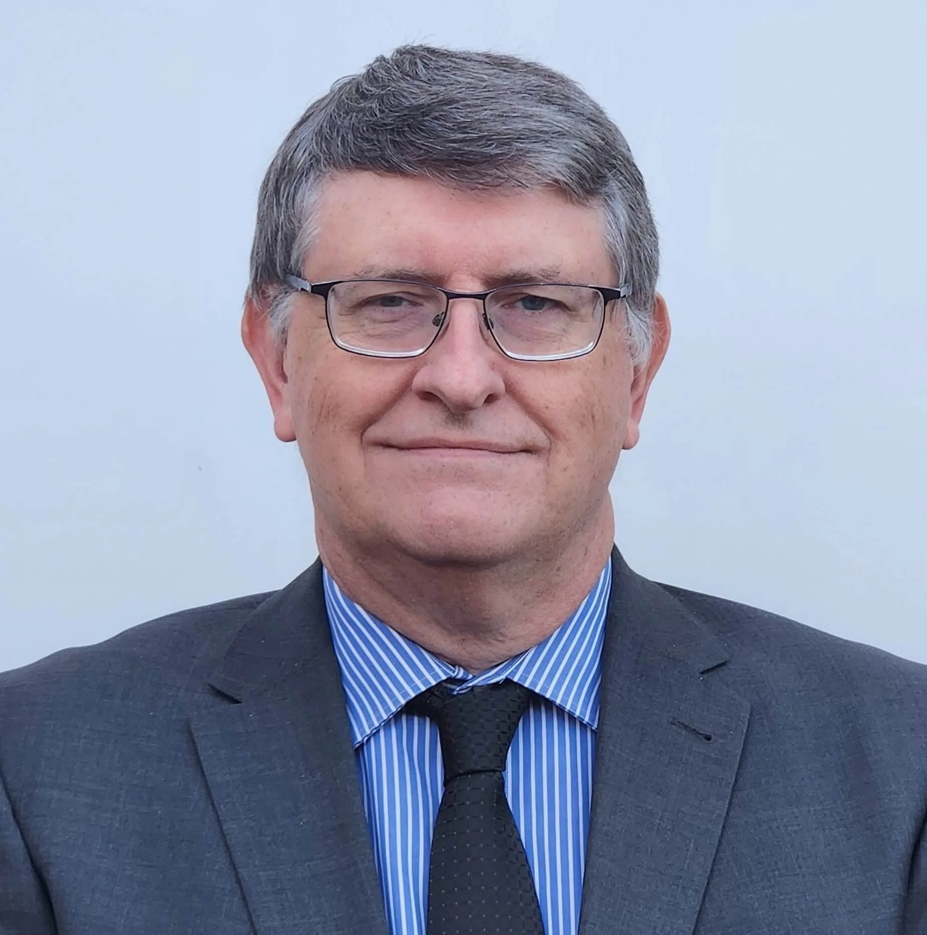 A photo of Nicolas Lesle, director of Elite Valuers. Nicholas has a grey suit, blue striped button up shirt, navy tie and rectangular glasses.