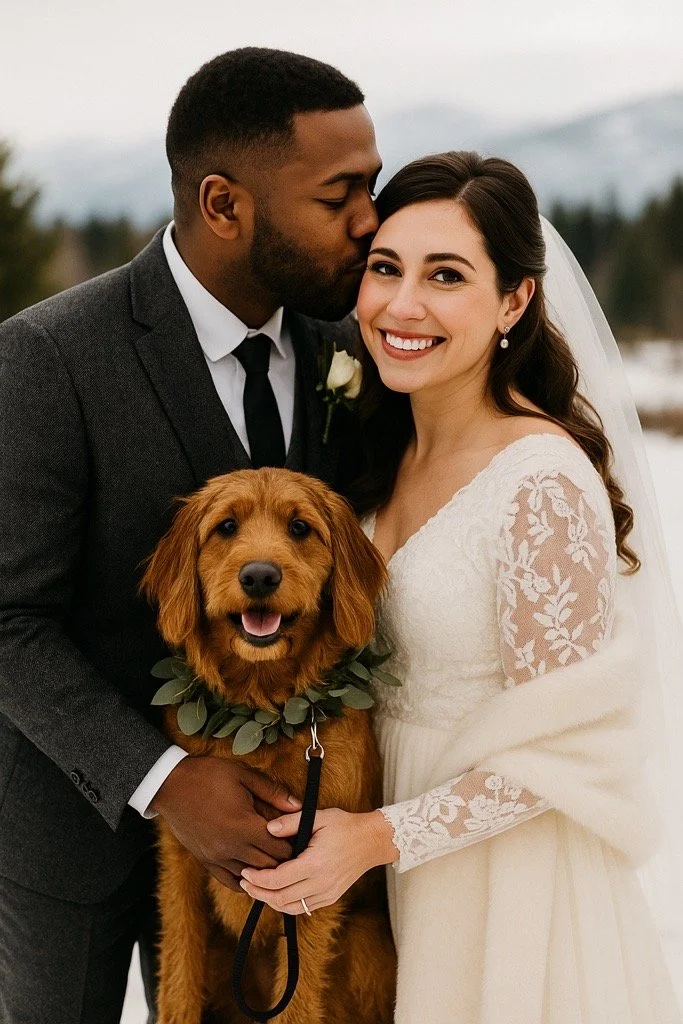 Couple posing with wedding dogs wearing floral collars in outdoor ceremony space, handles safely by pet concierge- Adirondack mountain wedding.