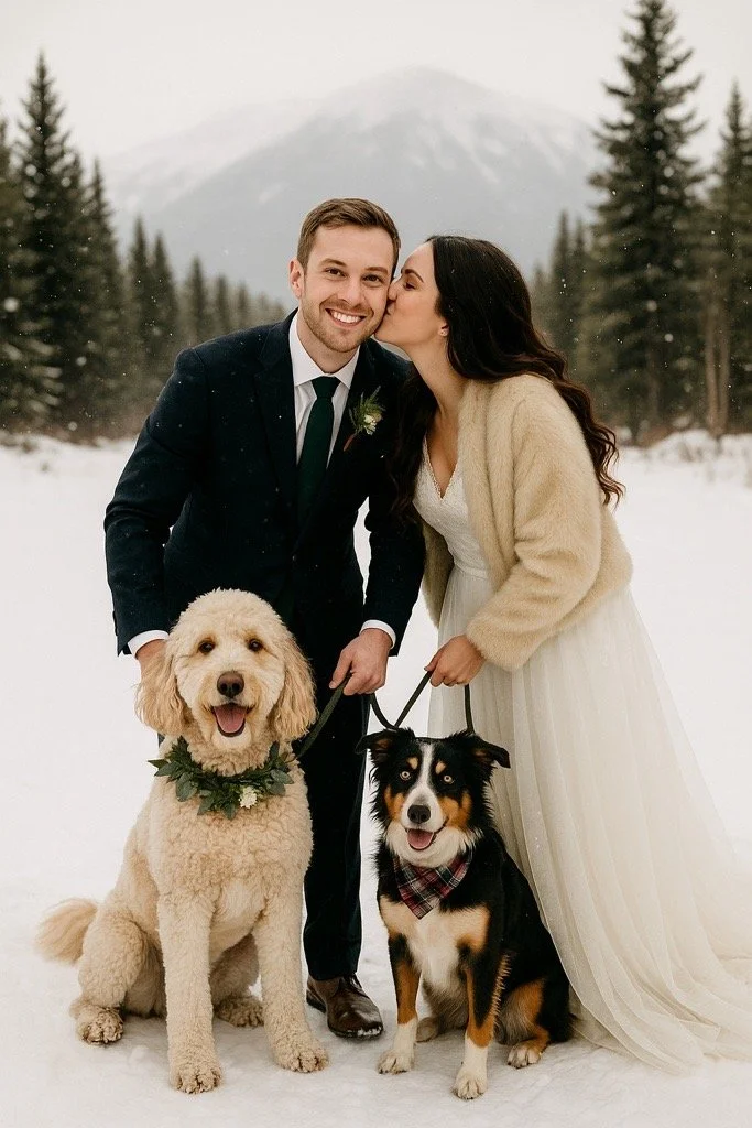 Bride in faux fur with groom in wool suit posing with dogs at winter destination wedding- Summit & Scout Canine Concierge services.