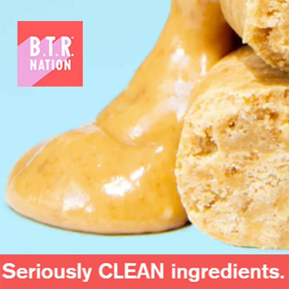 Close-up of a caramel-covered candy ball and a bitten piece showing a crumbly interior, with a B.T.R. Nation logo in the top left corner and the text "Seriously CLEAN ingredients." at the bottom.