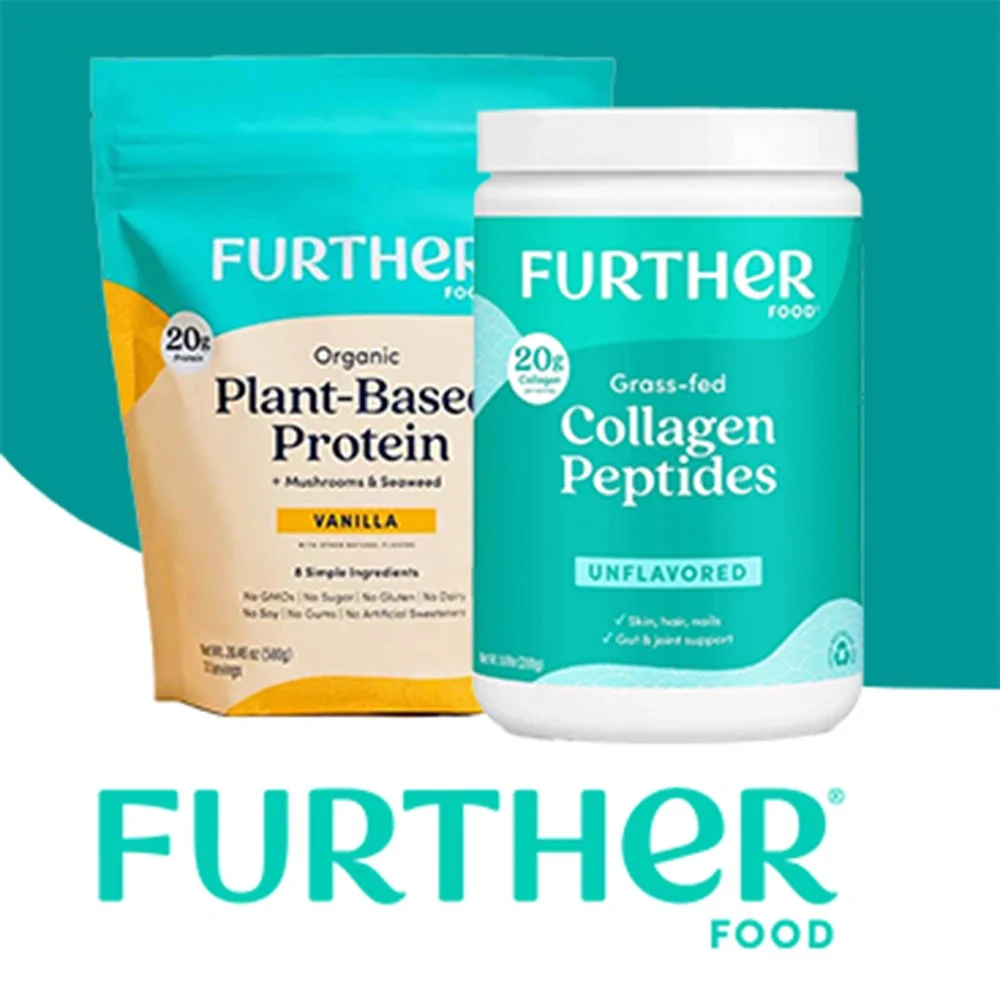 Two FURTHER brand health supplements: one is a bag of organic plant-based protein in vanilla flavor, and the other is a jar of grass-fed collagen peptides, unflavored, with a teal and white label.