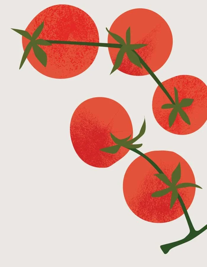 Illustration of a branch with five red tomatoes and green leaves against a light background.
