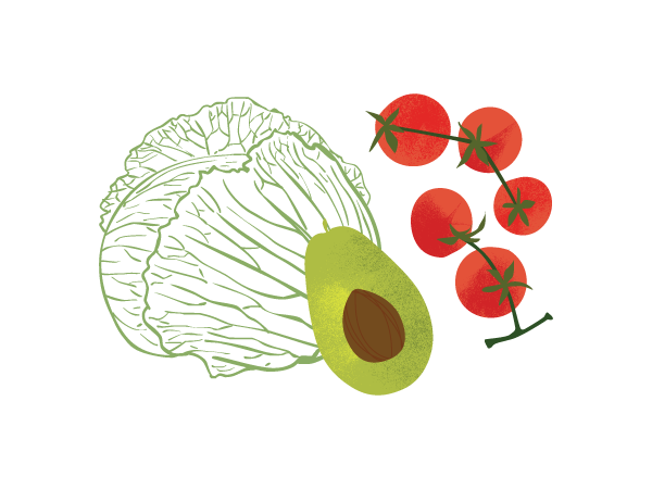 Illustration of avocado, cherry tomatoes, and a piece of cabbage on a black background.