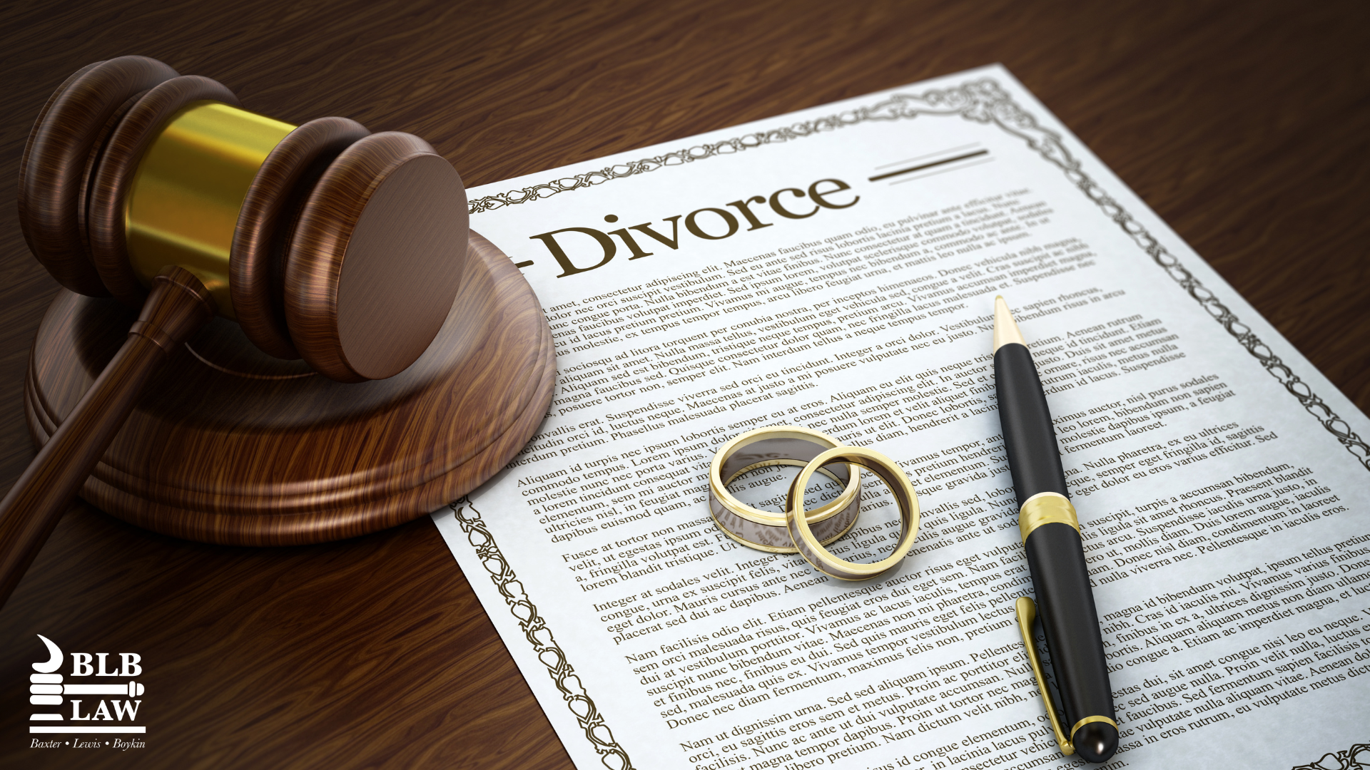 Gavel resting on a wooden base, a legal document titled 'Divorce,' two rings, and a pen on the document, with a logo in the bottom left corner reading 'BLB Law Baxter, Lewis, Boykin.'