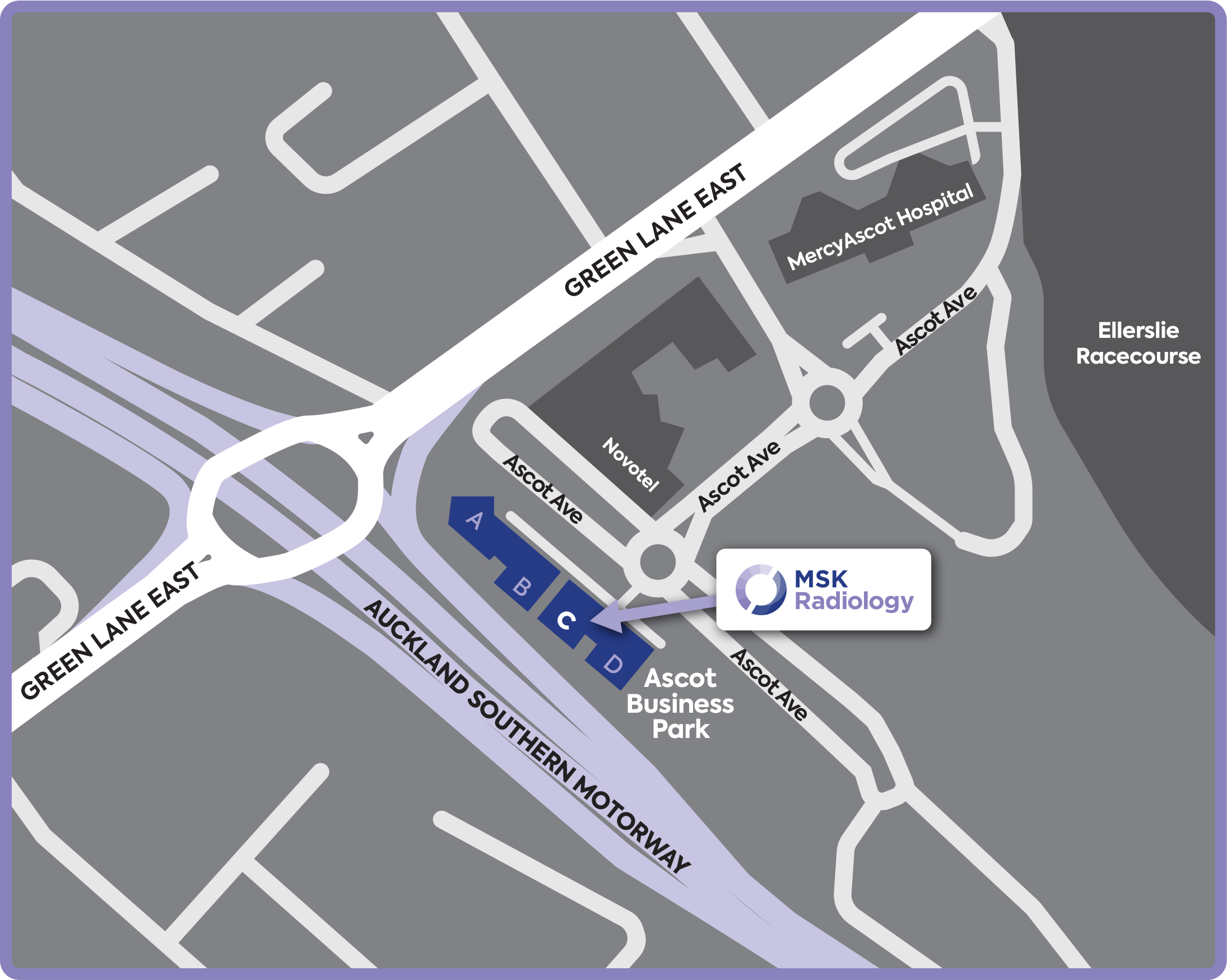 Map showing the location of MSK Radiology near Ascot Business Park, with nearby streets Green Lane East, Ascot Ave, and Auckland Southern Motorway.