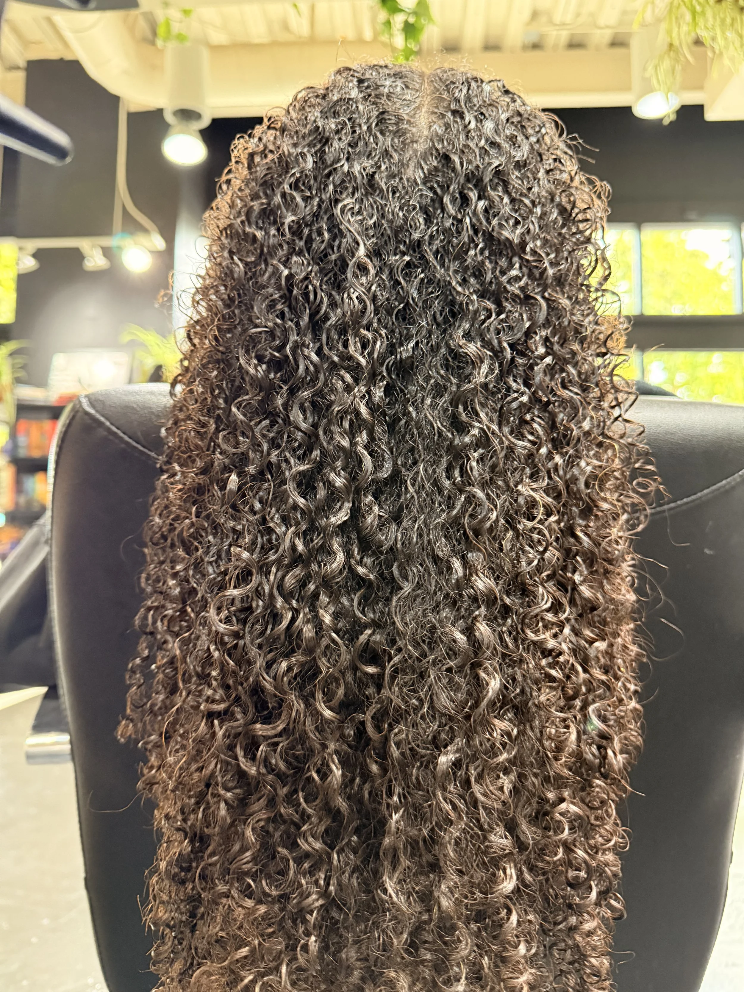 Close-up of a person with long, dark, tightly curled hair sitting in a black chair in a brightly lit indoor space with windows and some greenery in the background.