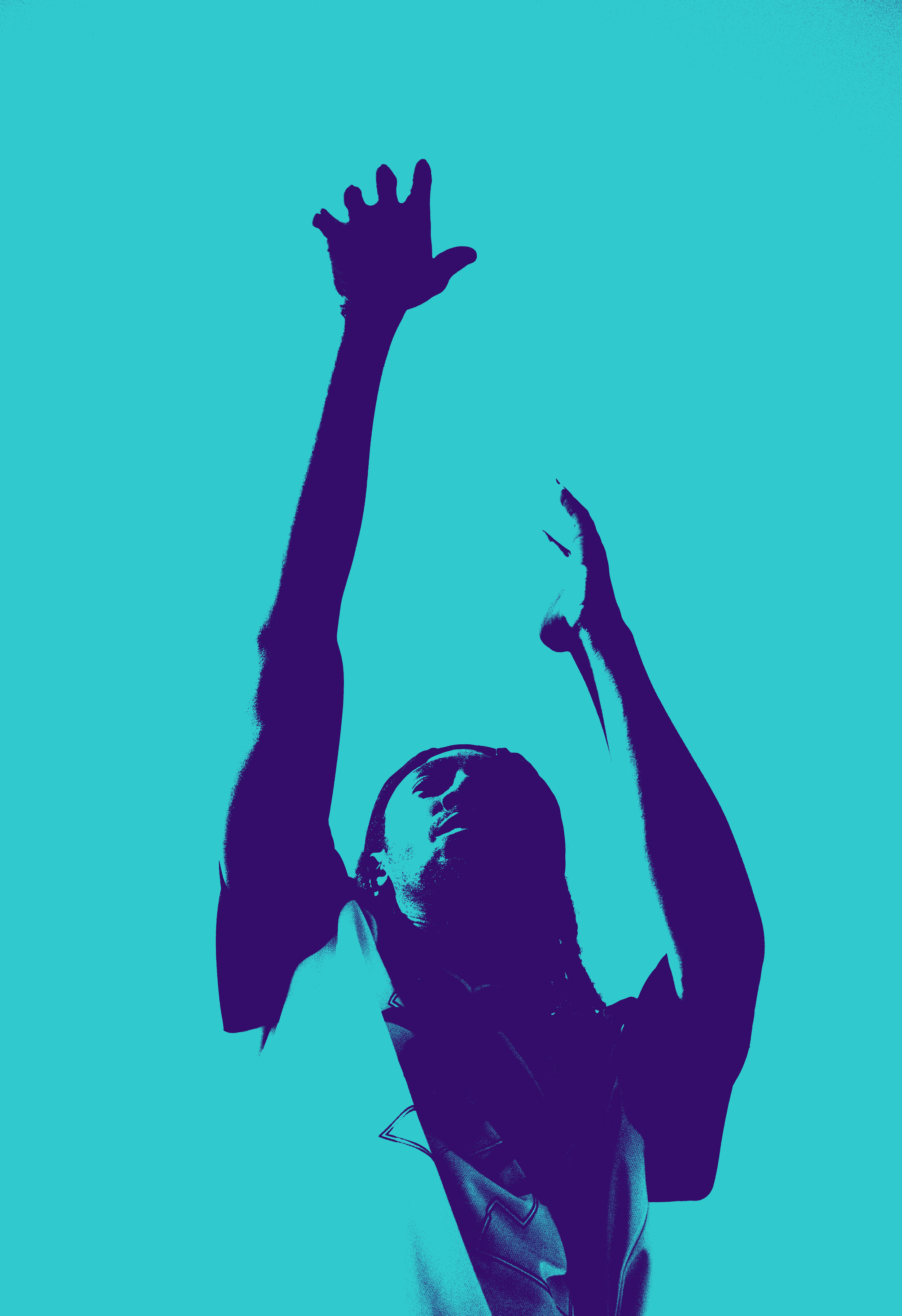 Silhouette of a woman with braided hair, her arms raised, against a turquoise background, stylized in a minimal color palette.