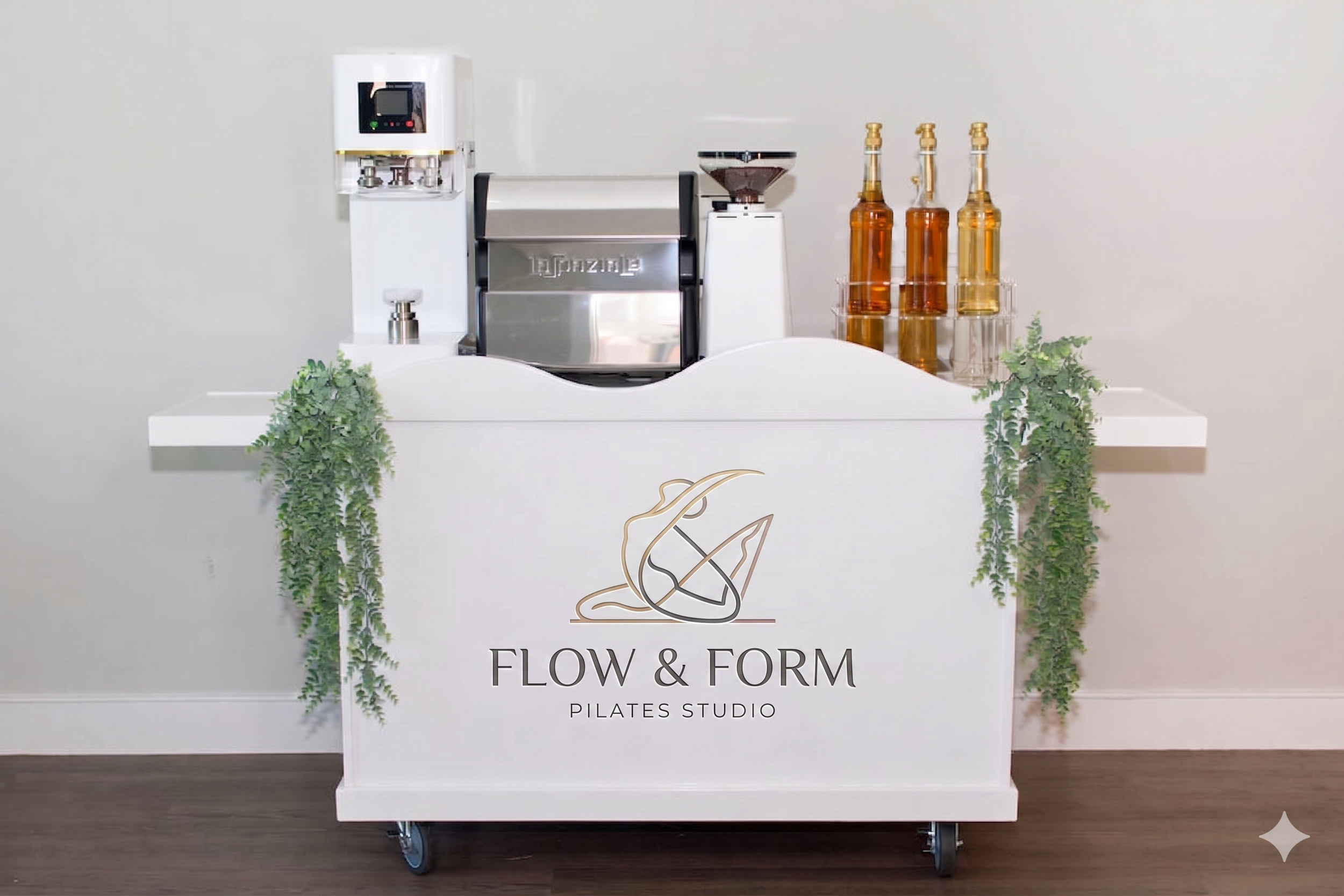 Photo of a coffee cart that has a business logo on it and is being used for a brand launch and brand activation in austin texas.