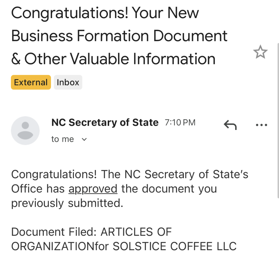 Photo shows email from the secretary of state to a coffee cart congratulating them on being approved for forming a business after they applied for an LLC.
