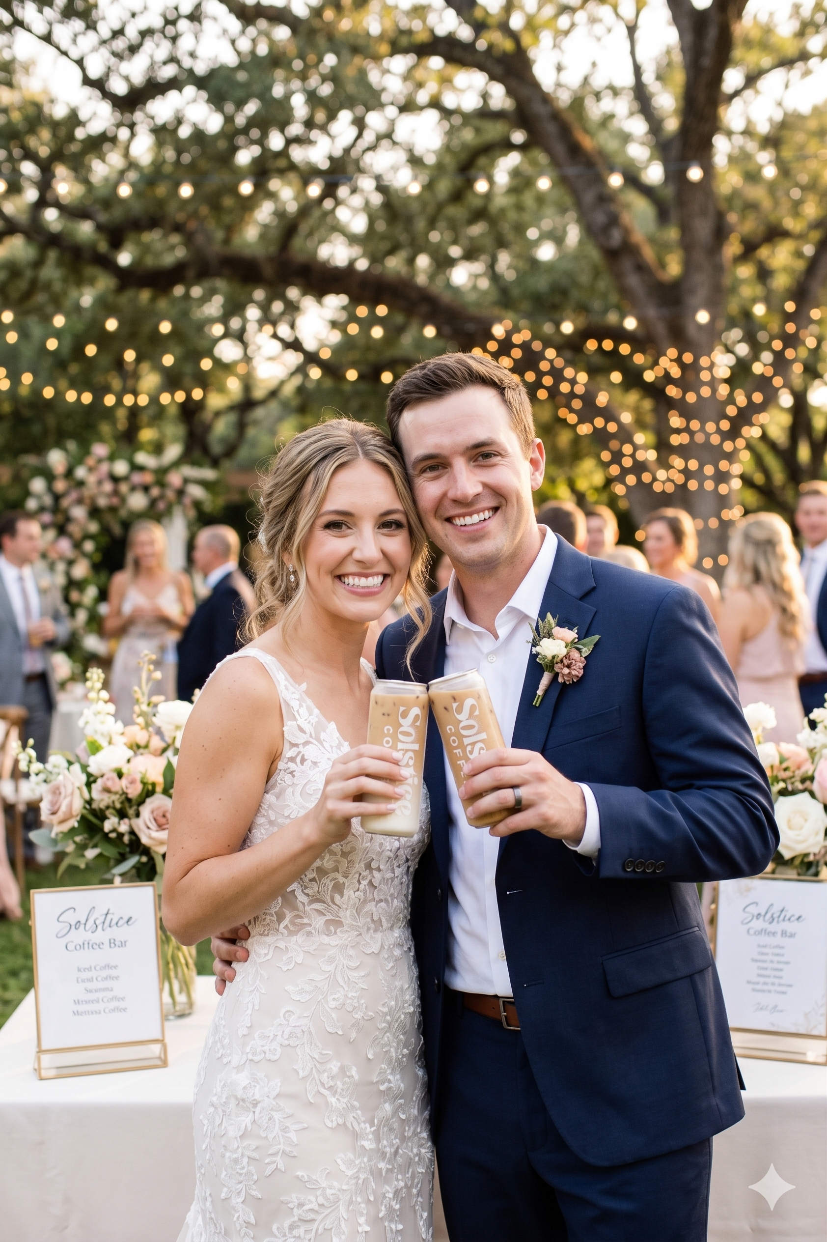 A couple at a wedding holding the viral canned lattes from the coffee cart.