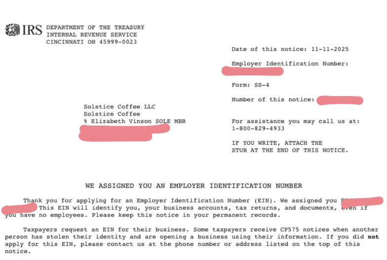 A coffee cart applying for and receiving an EIN as they try to build a mobile coffee cart business