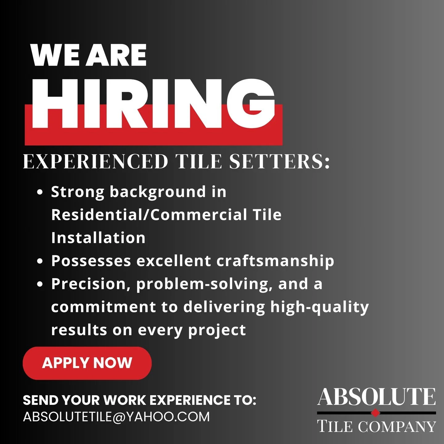 We&rsquo;re Hiring &mdash; Tile Installer 🔧

Absolute Tile Company is growing, and we&rsquo;re looking for someone who takes pride in doing things the right way.

This isn&rsquo;t rushed work.
This isn&rsquo;t cutting corners.
This is craftsmanship.