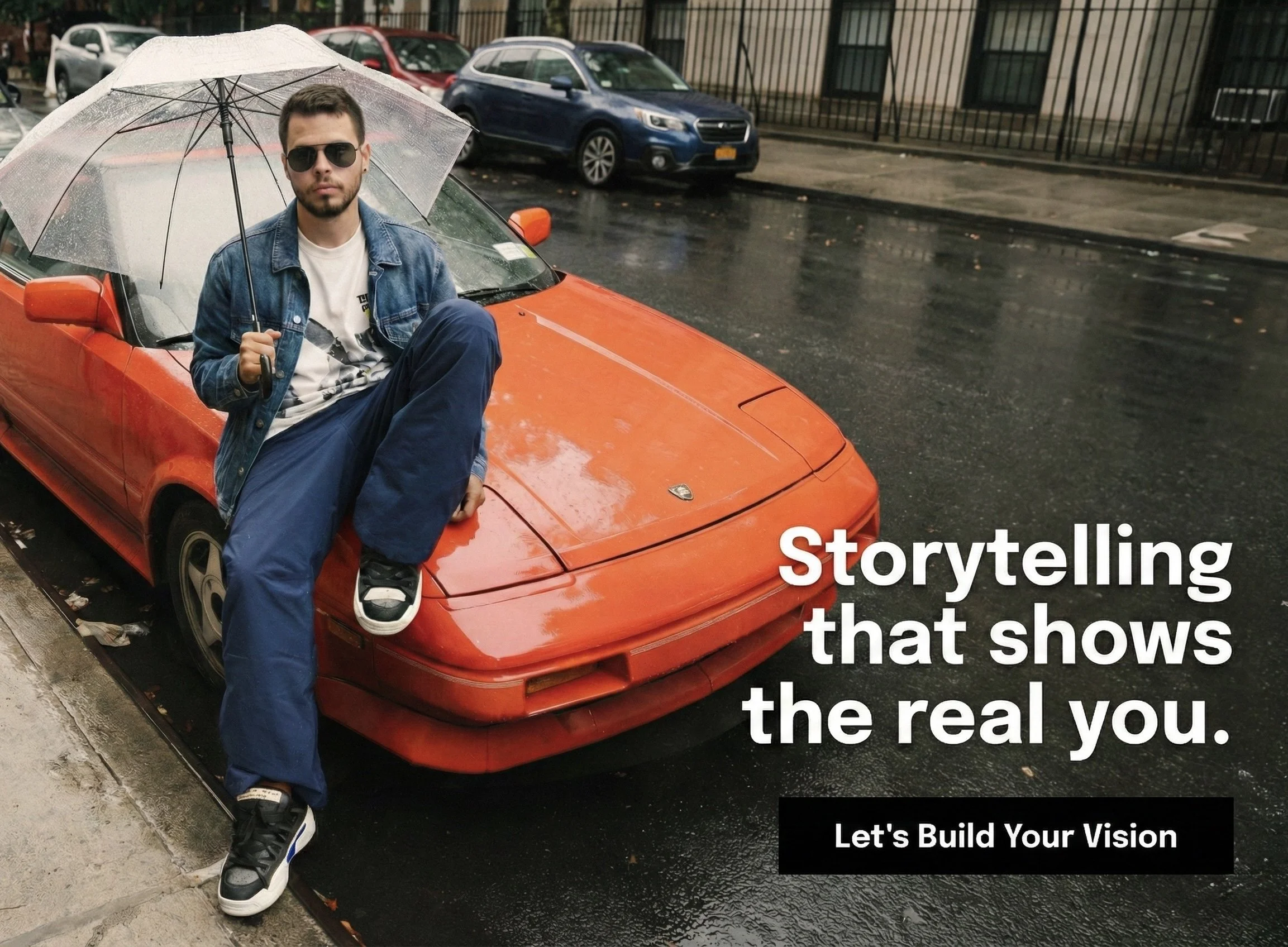 A young man with sunglasses, a denim jacket, and blue pants sitting on the hood of a red sports car on a rainy city street, holding a transparent umbrella, with a motivational message overlaid