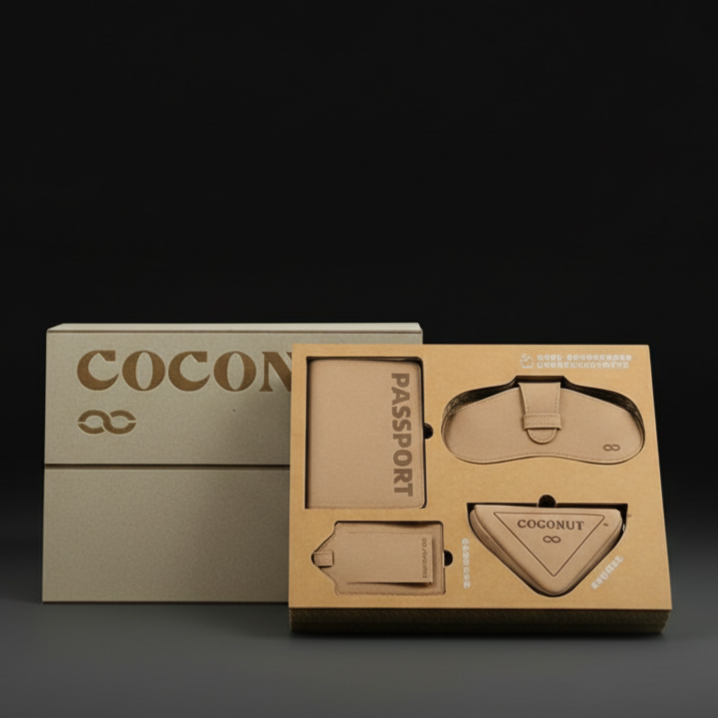 A beige and brown box set labeled 'COCONUT' containing a passport holder, eye mask, zippered pouch, and a small triangular pouch, all with a minimalist design.