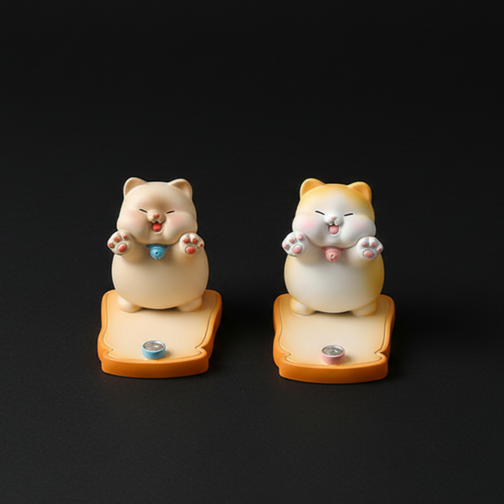 Two small hamster-shaped salt and pepper shakers on orange trays, with a black background.