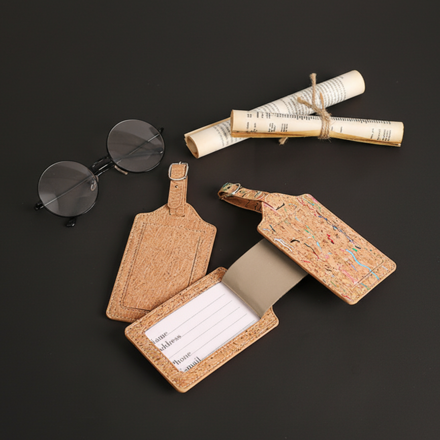A pair of round sunglasses, a rolled-up newspaper tied with string, and two cork luggage tags, one with a blank name card, are arranged on a black surface.