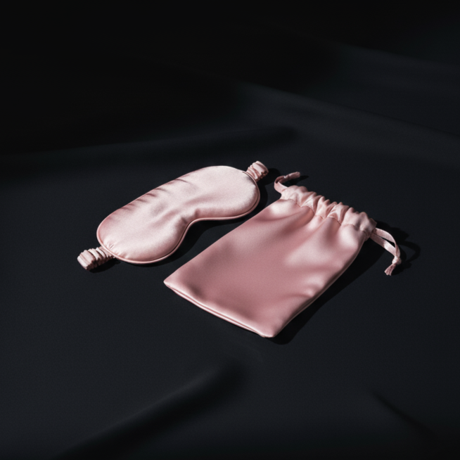 Pink satin sleep mask and drawstring pouch on black surface.