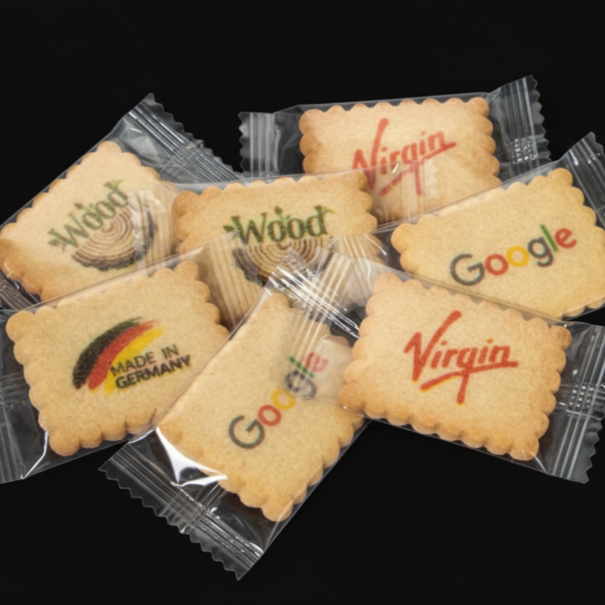 Assorted cookies in clear plastic wrapping with logos of major companies and brands, including Virgin, Google, Wood, and Made in Germany, placed on a black surface.