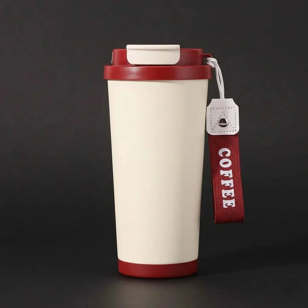 Travel mug with a white body, red accents, and a red strap that reads "COFFEE" in white letters, against a black background.
