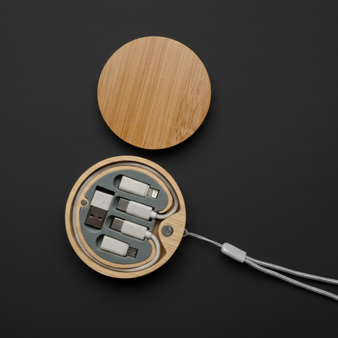 Wooden circular box with a removable lid, containing various charging cables and adapters, set against a dark background.
