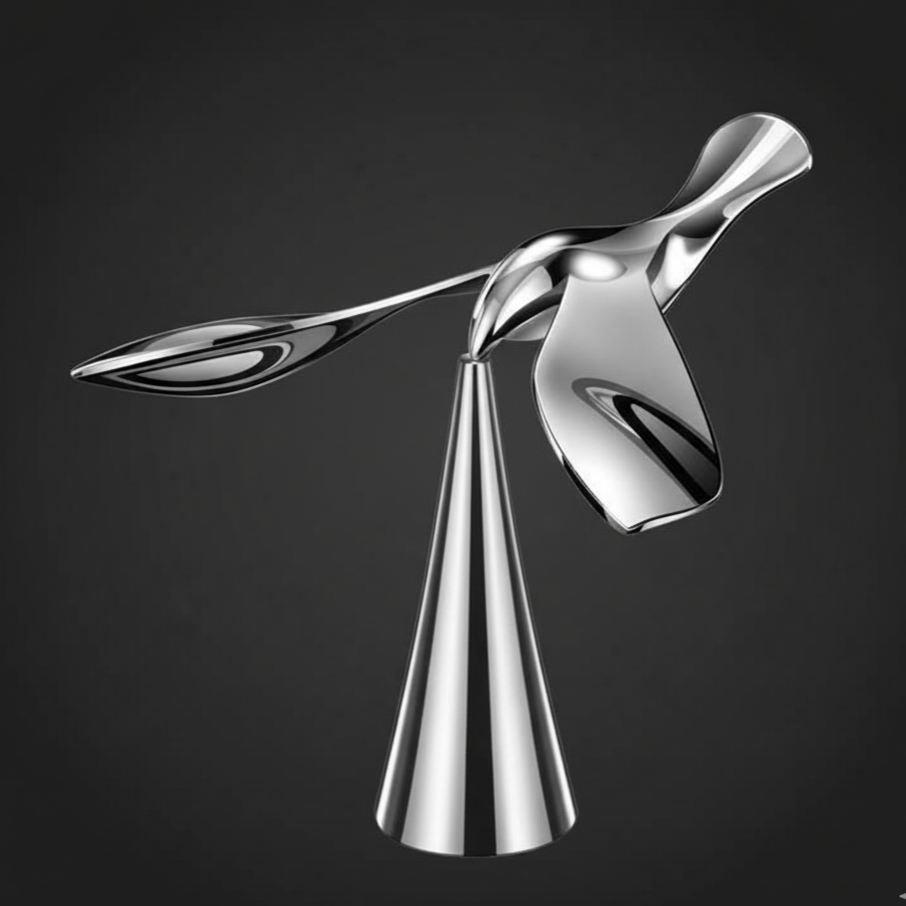 A modern, abstract sculpture made of shiny, reflective metal with flowing, curved shapes against a dark background.