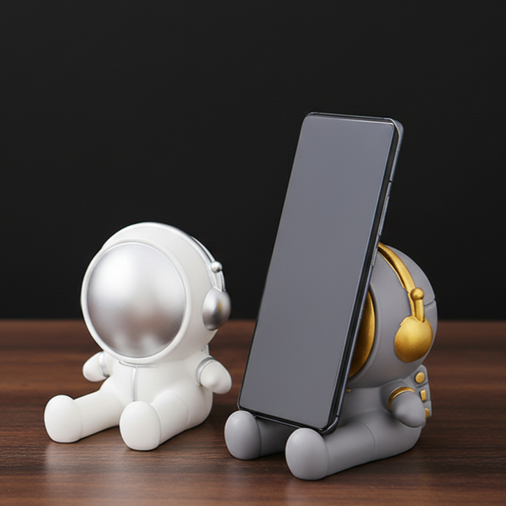 Two robot figurines with headphones, one white and one gray, with a smartphone in front of the gray robot, on a wooden surface against a black background.