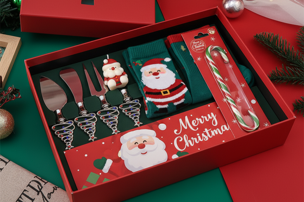 A Christmas gift set in a red box containing four ice cream scoop spoons with Christmas tree handles, a small Santa Claus figurine, a pair of Christmas-themed socks with Santa Claus design, a candy cane cookie cutter, and a 'Merry Christmas' gift tag
