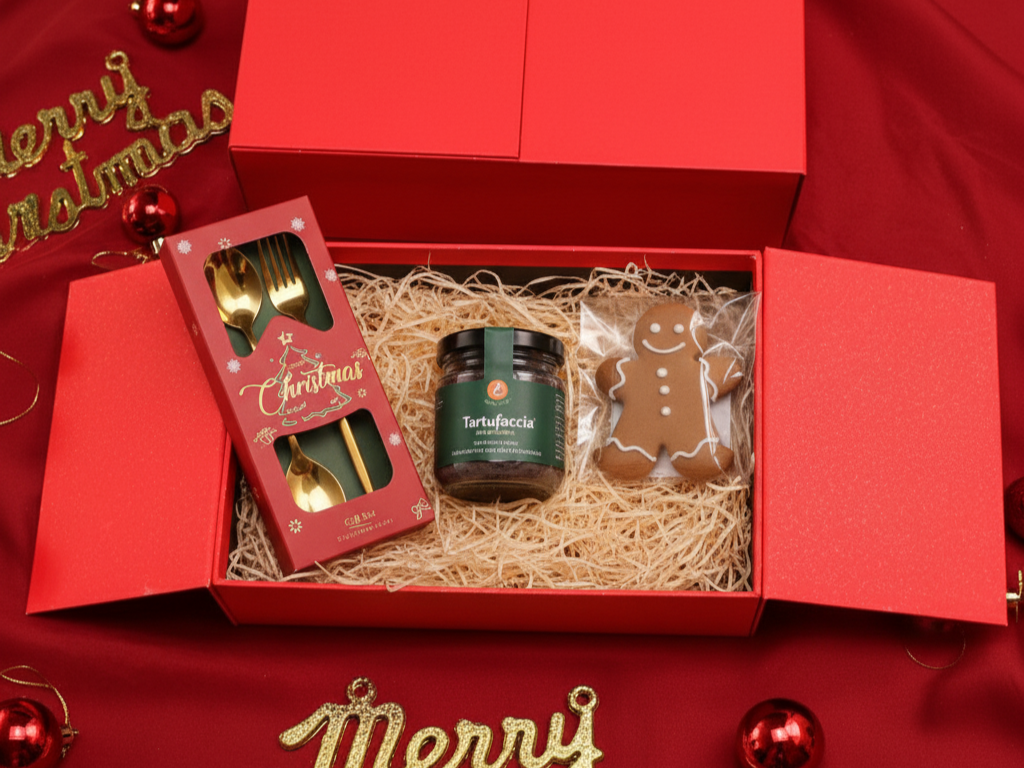 A red Christmas gift box containing a set of gold-colored dessert forks, a jar of Tartufo chocolate spread, and a gingerbread cookie shaped like a person, all nestled in wood shavings. The box is placed on a red surface with holiday decorations.