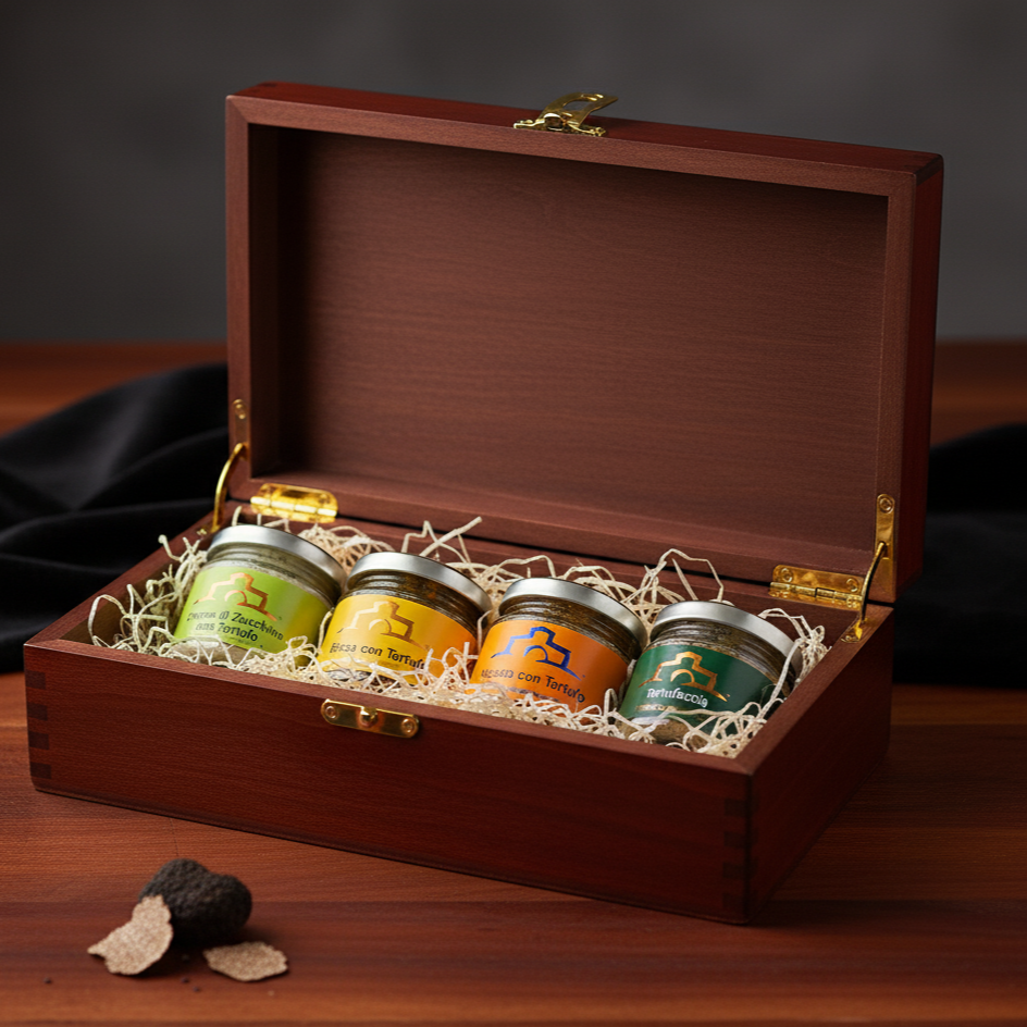 A wooden box with a hinged lid, containing four small jars decorated with colorful labels, nestled in white paper shreds, placed on a wooden surface with some black and beige truffles nearby.