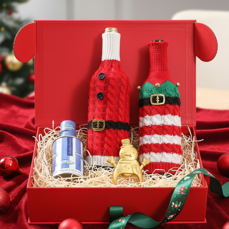 Holiday gift box containing two wine bottles wrapped as Christmas sweaters, a gold snowman figurine, a small blue gift box, and surrounding Christmas ornaments on a red cloth with a Christmas tree in the background.