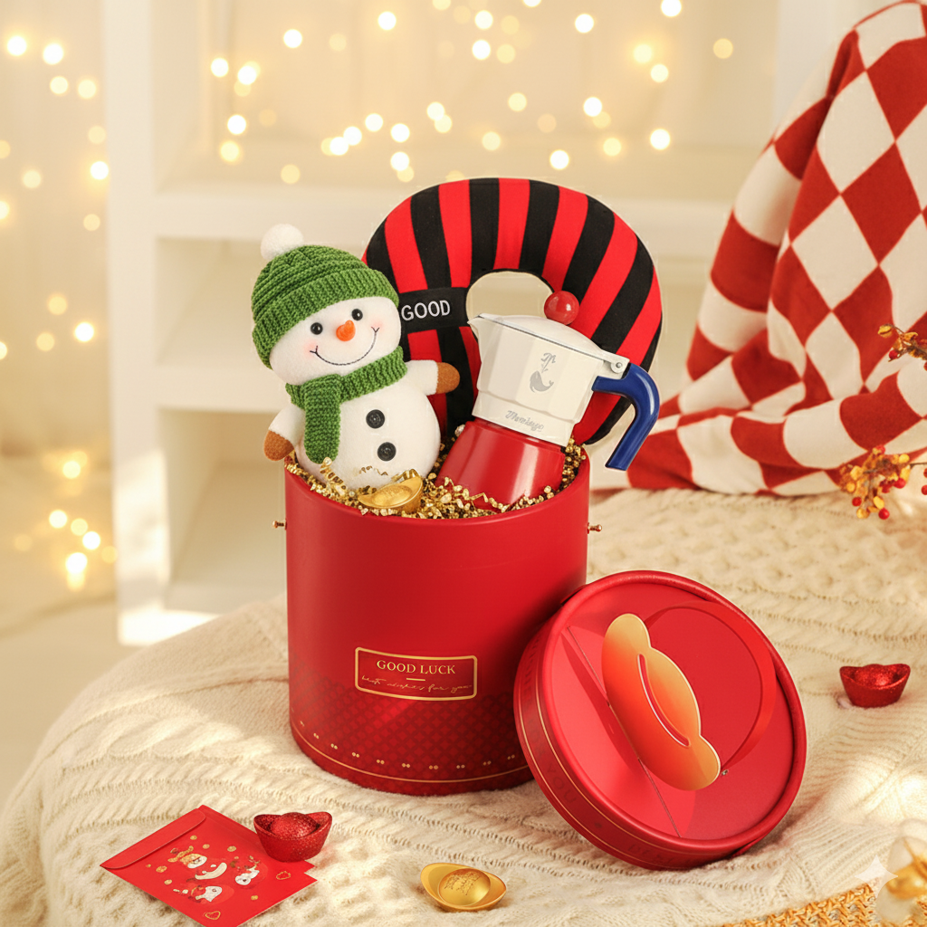Christmas-themed gift box with a snowman plush, wristwatch, and decorative items, on a cozy bed with Christmas decor.