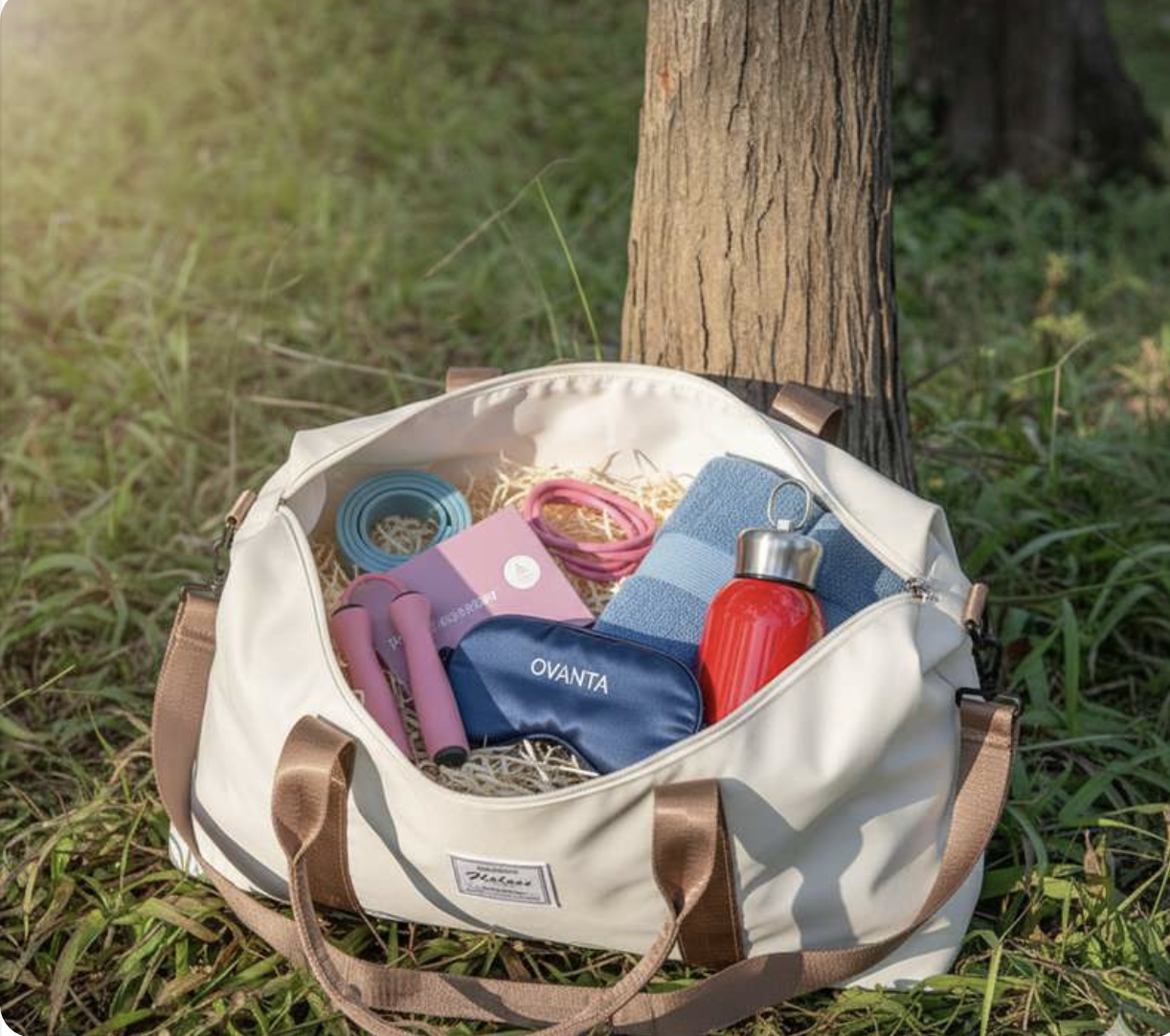 A white duffel bag filled with fitness accessories, including a red water bottle, blue and pink resistance bands, a blue towel, and a pink workout mat, placed on grass near a tree.