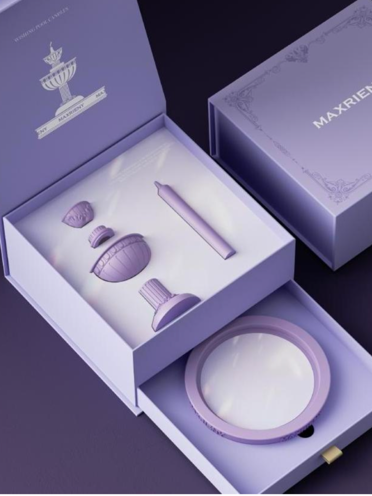 A purple wedding-themed gift box with a magnifying glass, a small vial, and ornate decorative pieces inside.