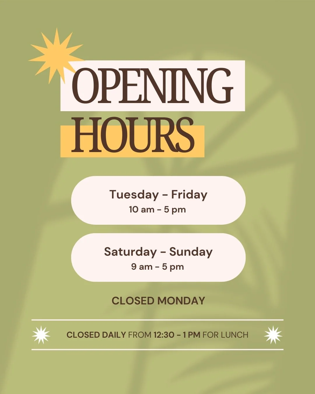 Just a quick schedule update ✨

Our regular hours:
Tuesday&ndash;Friday: 10 AM &ndash; 5 PM
Saturday&ndash;Sunday: 9 AM &ndash; 5 PM
Closed Mondays
We are also closed daily from 12:30&ndash;1 PM for lunch.

Special update:
Saturday, April 11 &mdash; 