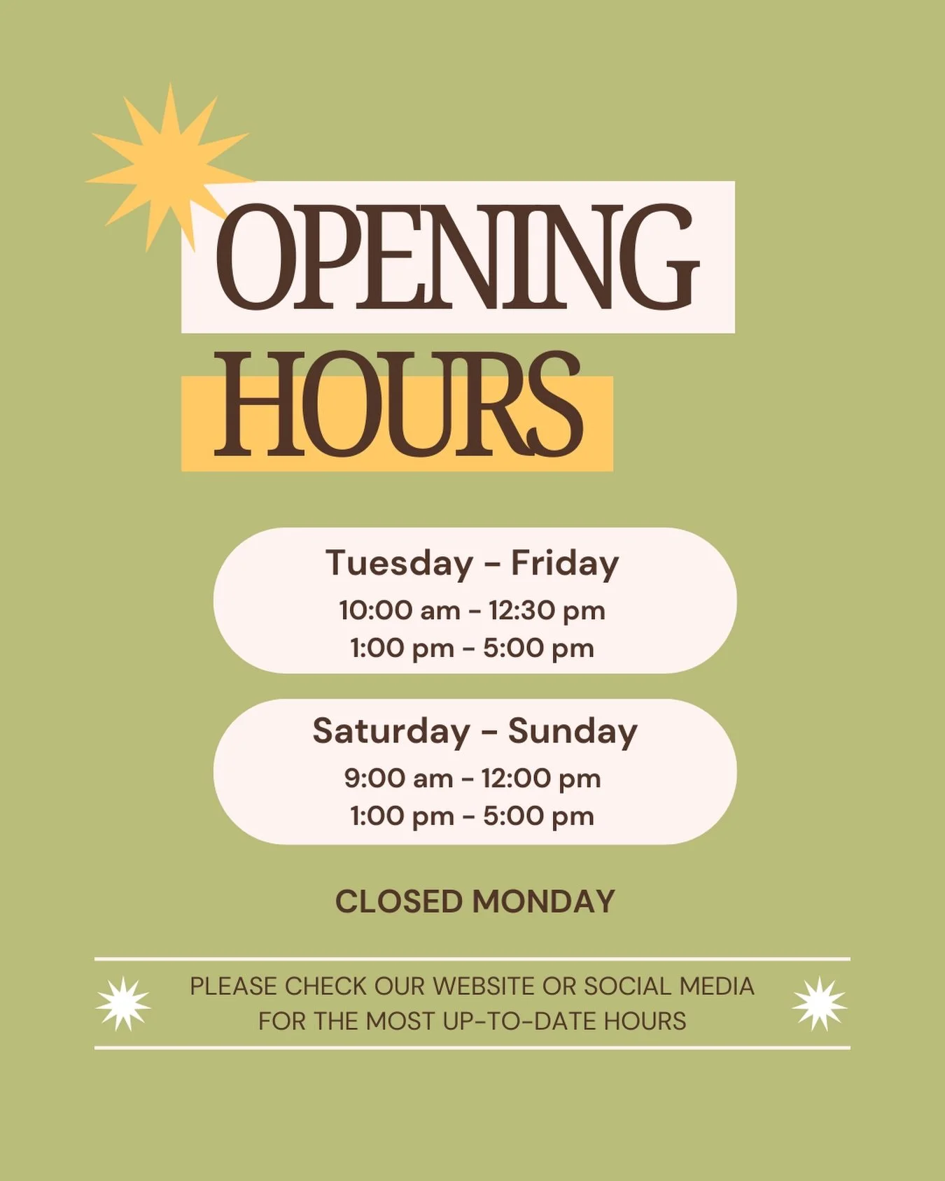 Updates to our opening hours!

We&rsquo;re closed from 12:30&ndash;1 PM Tuesday&ndash;Friday, and 12&ndash;1 PM on Saturdays and Sundays for cleaning and lunch.

Please continue to check our website or social media stories for daily updates, as hours