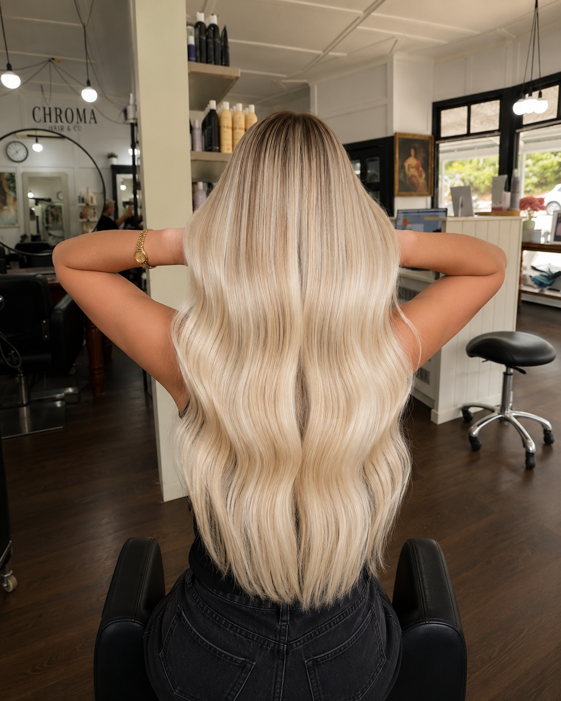 A woman with long, wavy blonde hair seated in a salon chair inside a hair salon, facing away from the camera with arms raised behind her head.