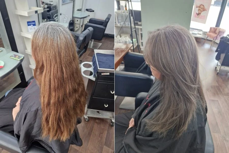 Comparison of a woman's hair before and after getting a haircut in a salon. The left side shows her long, wavy, light brown hair, and the right side shows her shorter, straight, darker hair.
