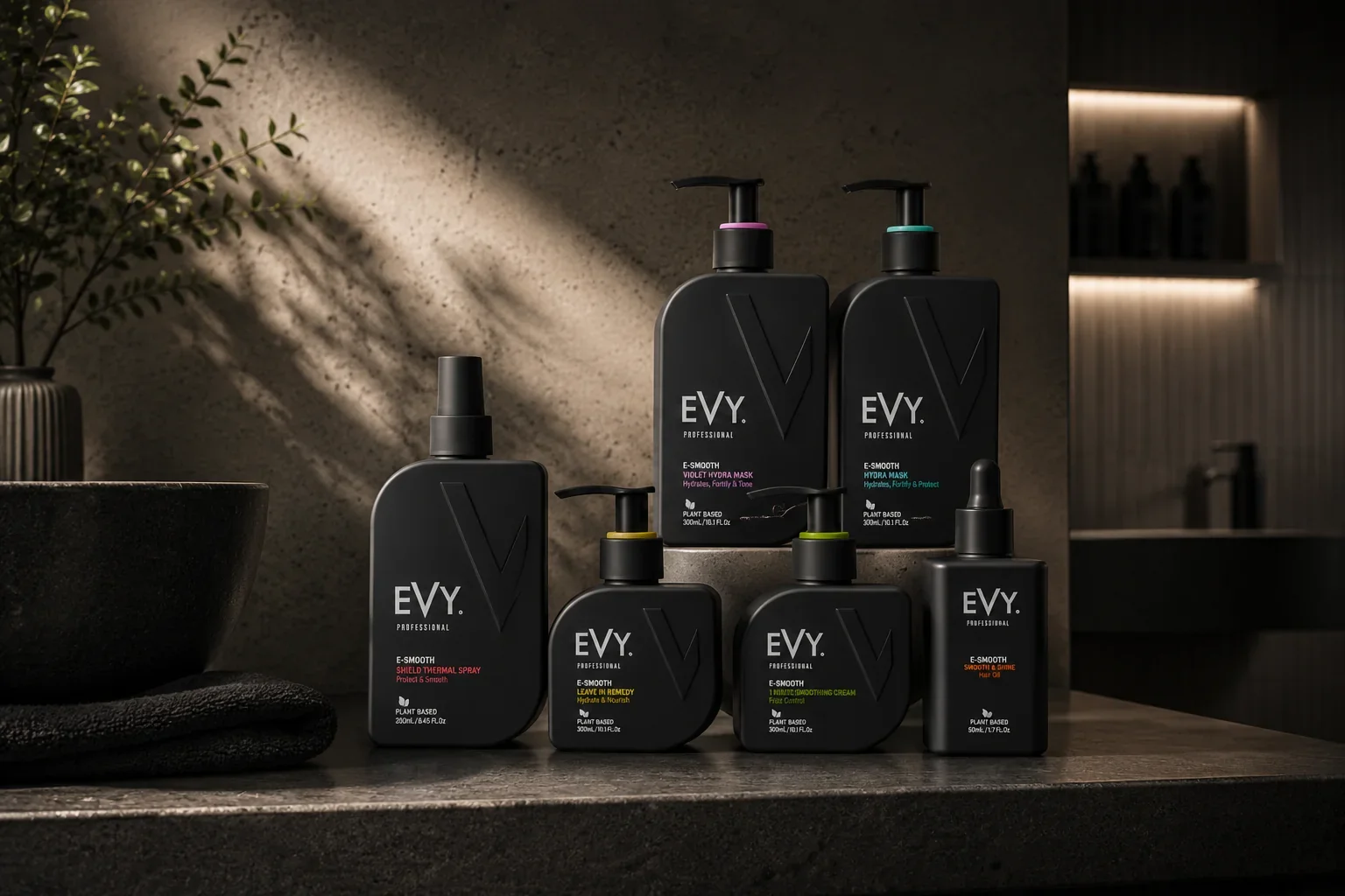 Collection of EVY.PROFESSIONAL skincare products on a bathroom countertop, including sprays, creams, and masks in black bottles with minimalist labels