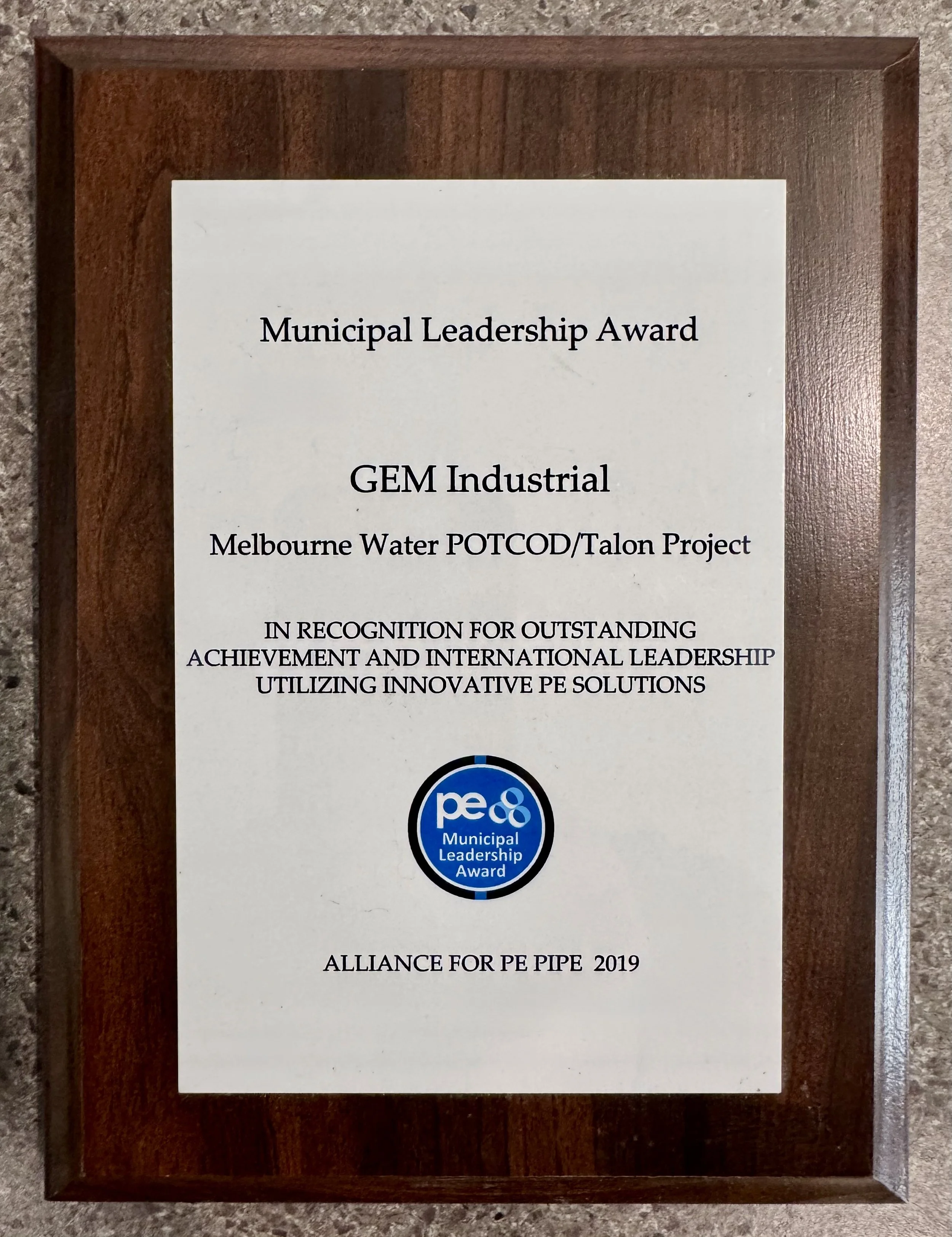Municipal Leadership Award for utilising innovative HDPE solutions from the PE Alliance in North America