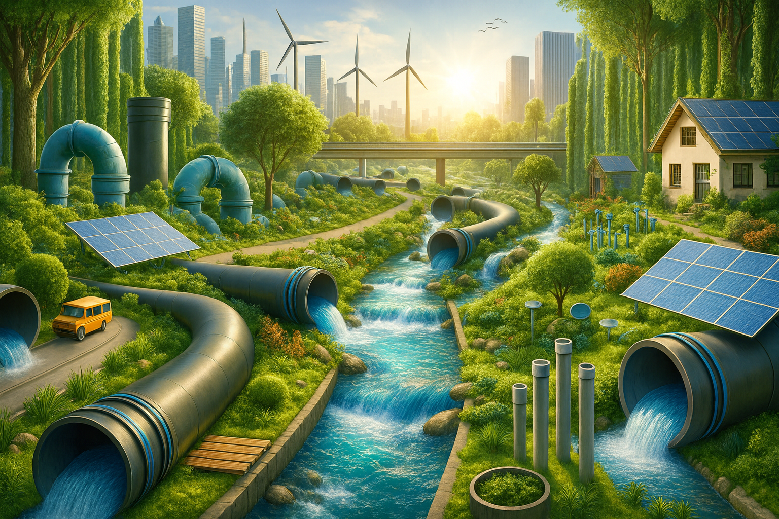 A lush green eco-friendly environment with solar panels, wind turbines, a river flowing through a garden, and residential houses with solar roofs, set against an urban skyline at sunset.