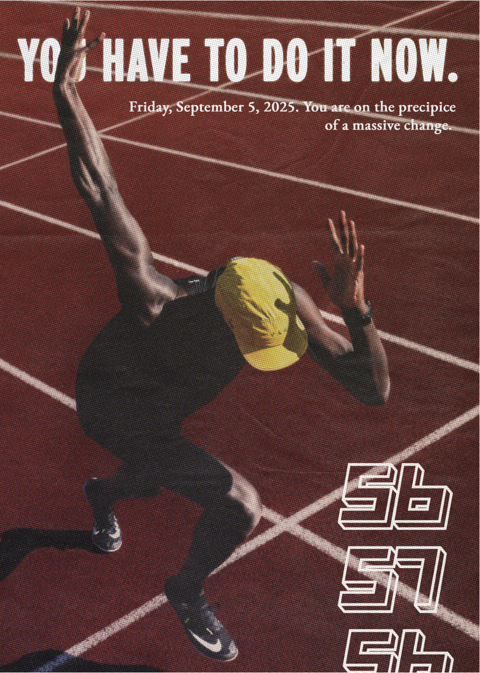 A runner in a black outfit and yellow cap crossing a red track finish line with their hand raised, top portion of the image contains a motivational quote, and a white countdown number on the bottom right corner.