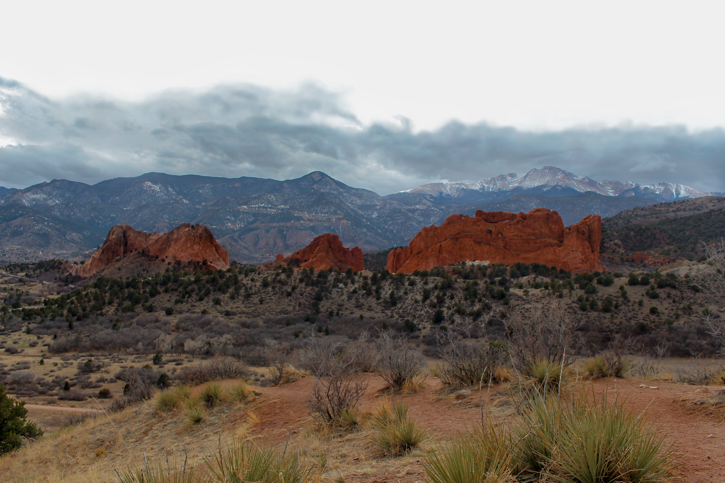 A desert landscape with red rock formations, sparse vegetation, and distant snow-capped mountains under a cloudy sky.
