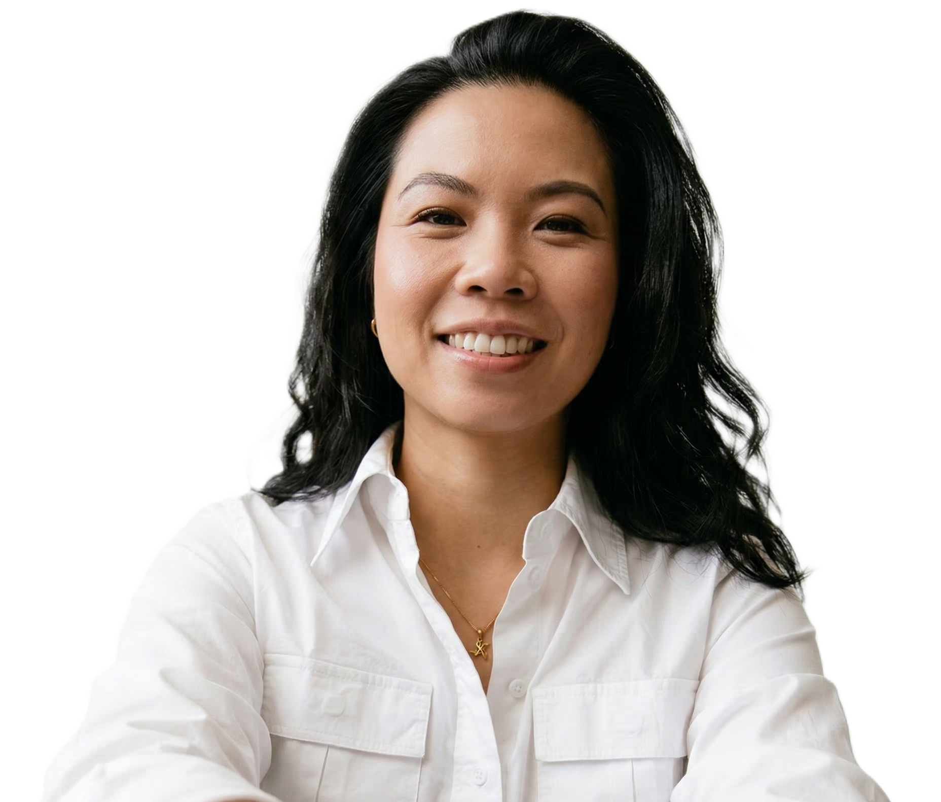 Fiona Liang with black wavy hair wearing a white collared shirt and a gold necklace, smiling at the camera.