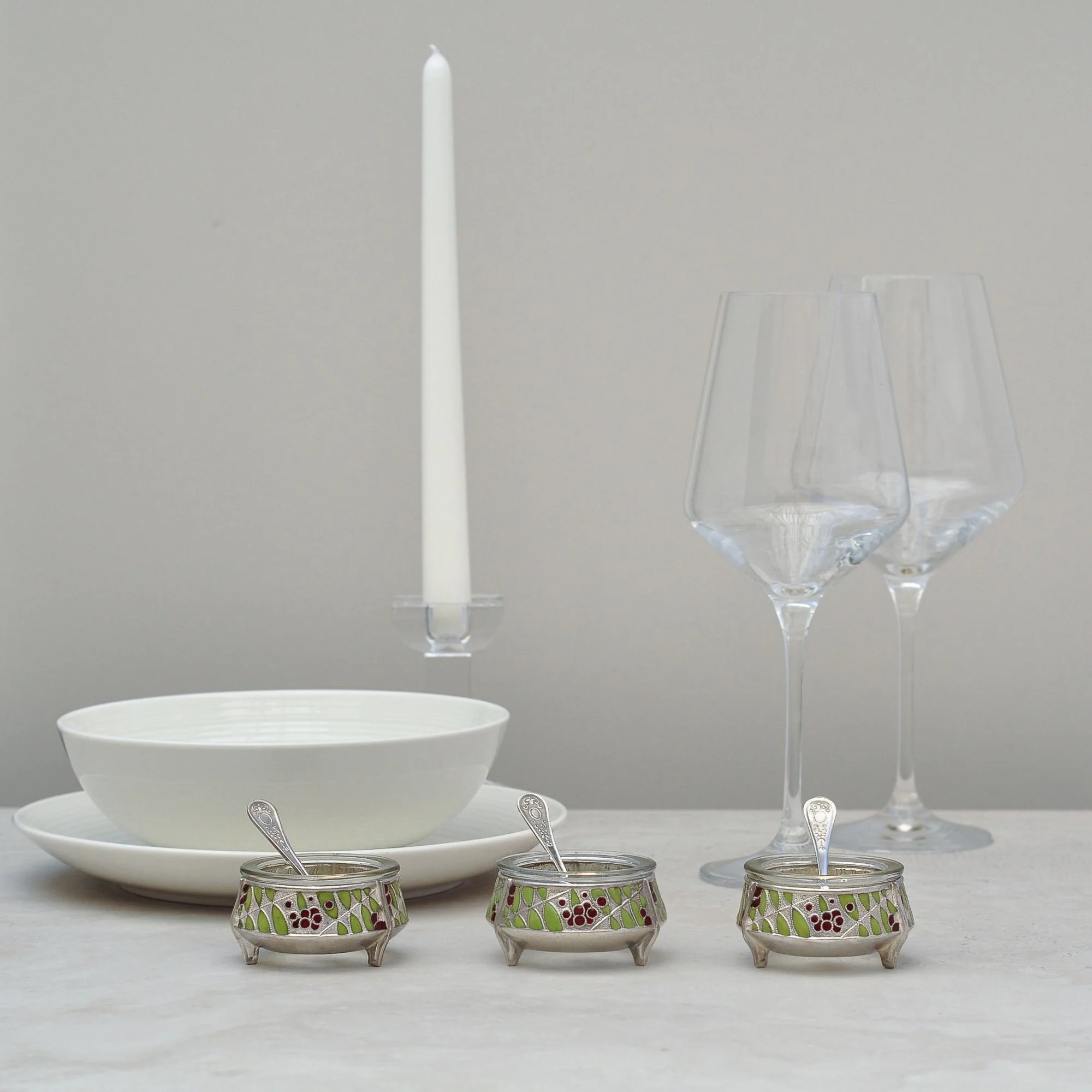Mid-Century Russian Cloisonné Salt Cellar Set (With Spoons)