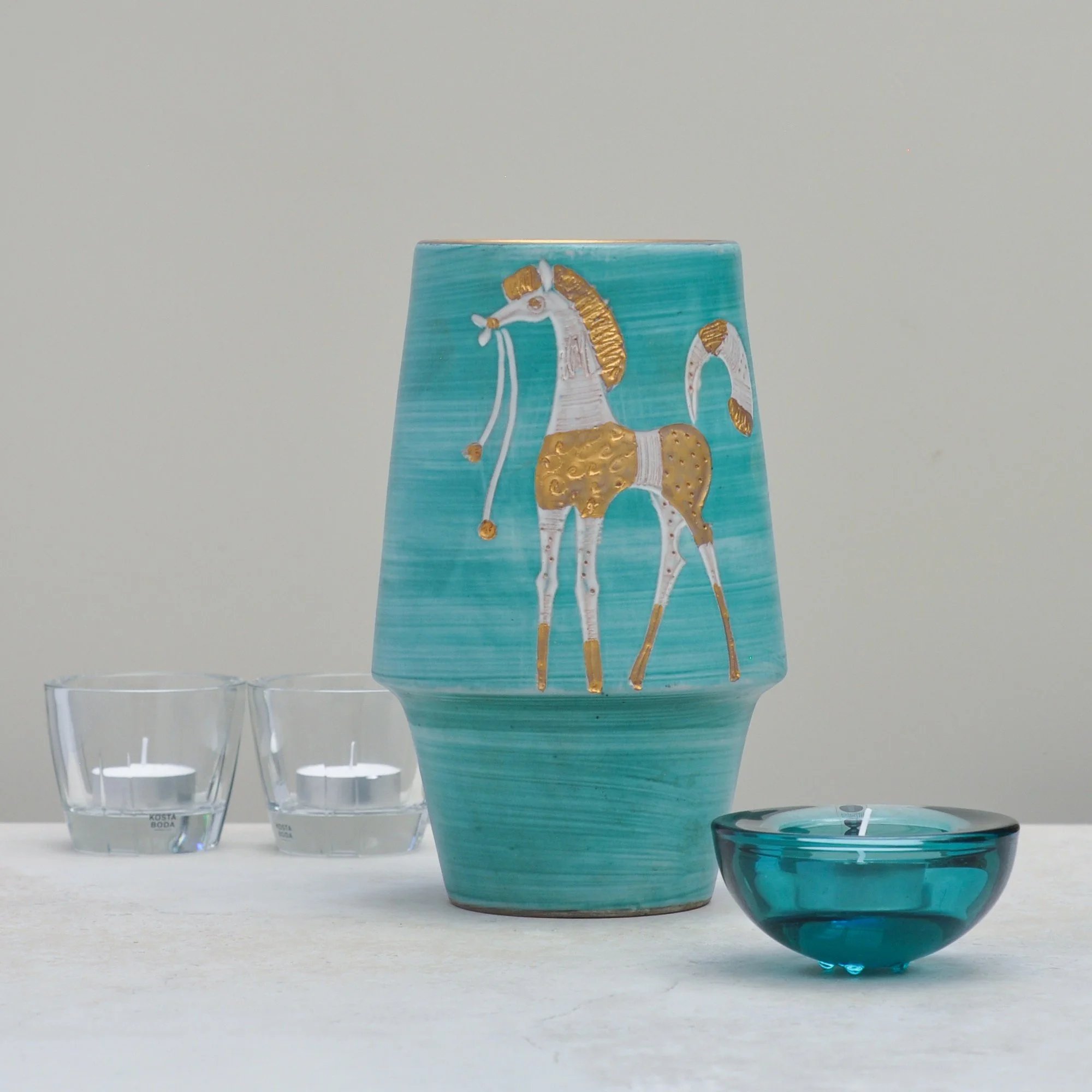 Mid-Century Aqua Green Italian Handmade Vase with Gold and White Horse