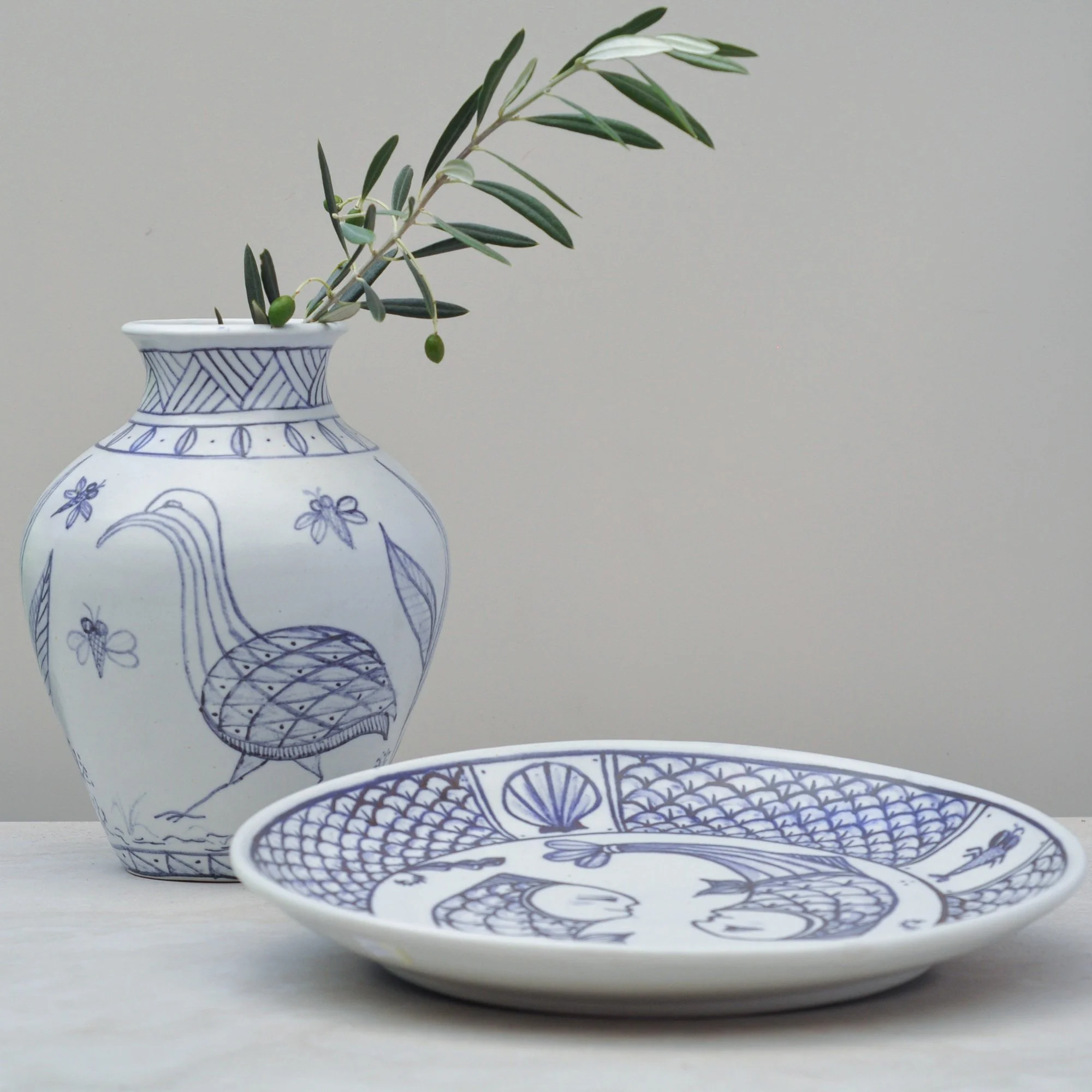 Hand Painted Ceramic Plate and Vase