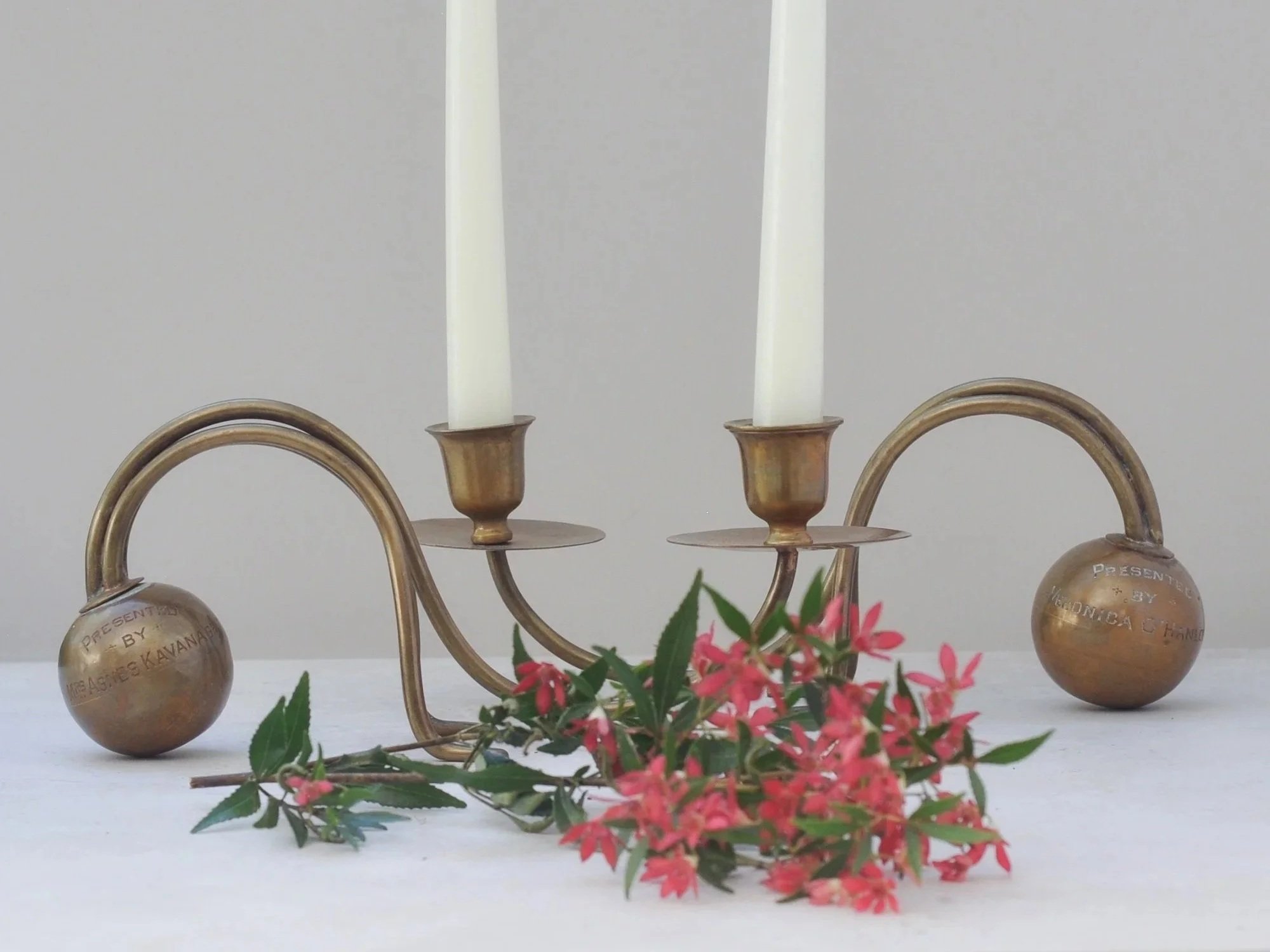 Bespoke 'Presented By' Brass Candlesticks