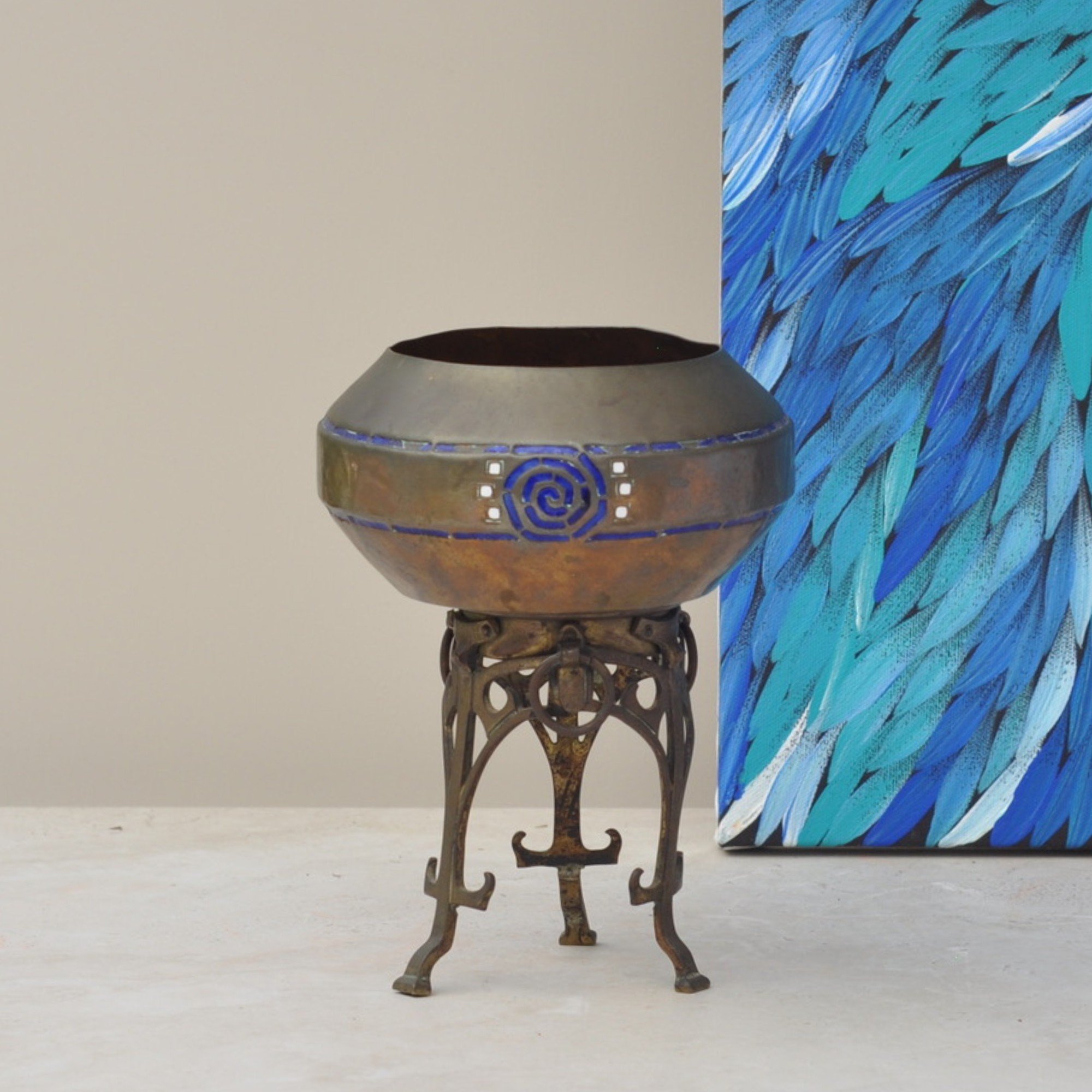 Unusually Fabulous WMF Secessionist Brass and Enamel Bowl on Stand