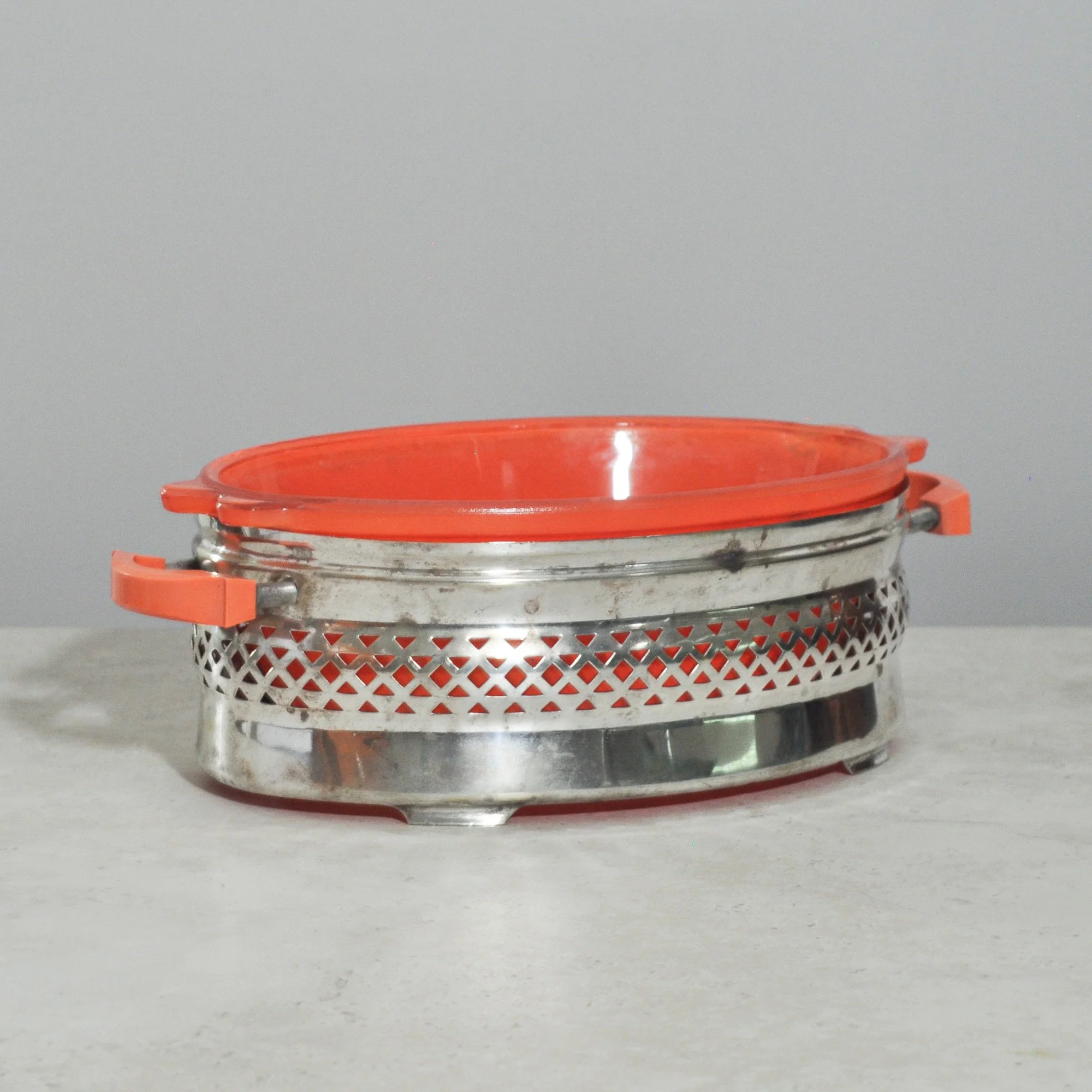 Orange Wow - Pyrex Casserole Dish and Silver Plate Stand with Bakelite Handles